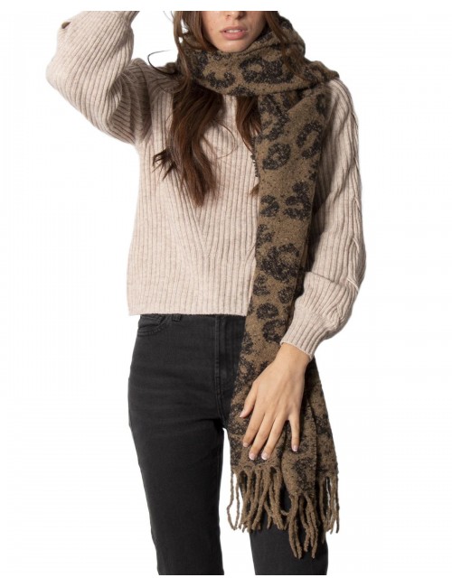 Pieces Women's Scarf-Printed-Fringed-Brown
